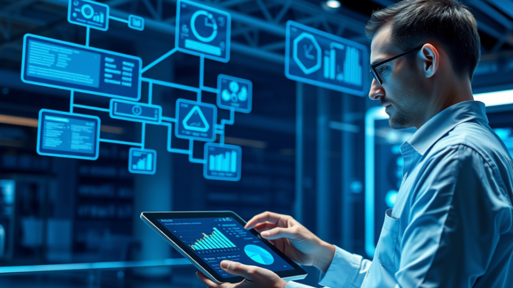 Ilustración conceptual de software a medida para empresas, mostrando integración de sistemas, optimización de procesos y automatización digital.