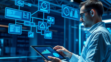 Ilustración conceptual de software a medida para empresas, mostrando integración de sistemas, optimización de procesos y automatización digital.