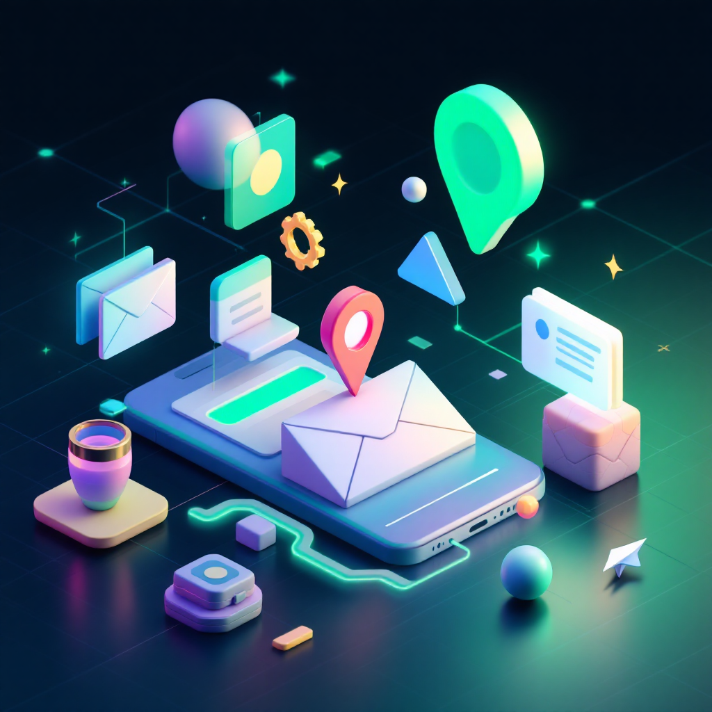 Ilustración isométrica de íconos de contacto empresariales: teléfono, correo, ubicación y mensaje, en estilo low-poly sobre fondo oscuro.