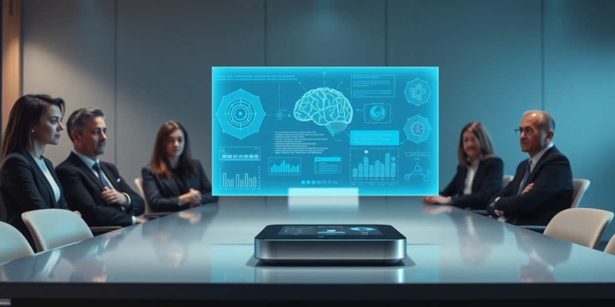 Representación conceptual de un agente de inteligencia artificial con una interfaz holográfica en una oficina moderna.