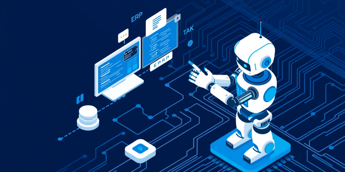 Ilustración de un robot digital interactuando con sistemas empresariales para automatizar procesos.