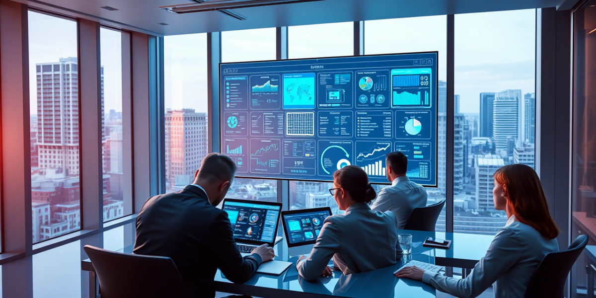 Oficina moderna con un panel digital ERP mostrando métricas de producción, inventario y gestión de promociones.