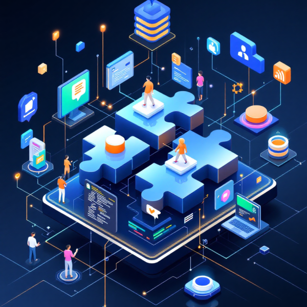 Desarrollo de Software a Medida con Soluciones Modulares – Pacusoft Ilustración isométrica de un rompecabezas digital colorido, con piezas que representan funciones empresariales como código, chat, llamadas y bases de datos.