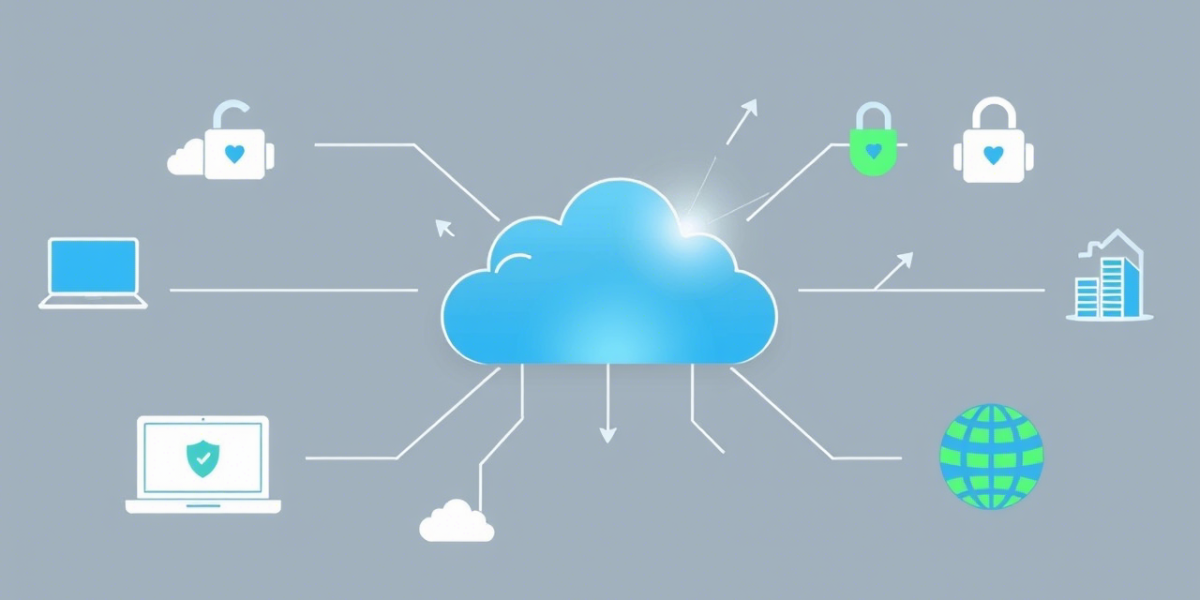 Ilustración panorámica de una nube tecnológica con íconos de dispositivos, protección de datos y expansión empresarial en un entorno digital corporativo.